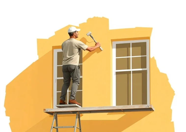 Peintre sur échafaudage traitant la façade d'une maison