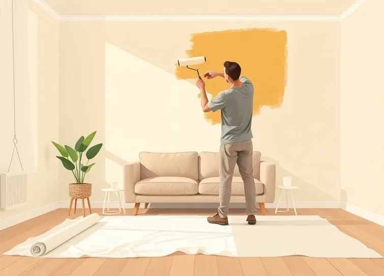 Peintre appliquant la peinture au rouleau sur un mur de salon